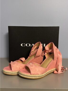 NEW Coach Pink Signature Espadrille Wedge Sandals with Ankle Wraps 6.5